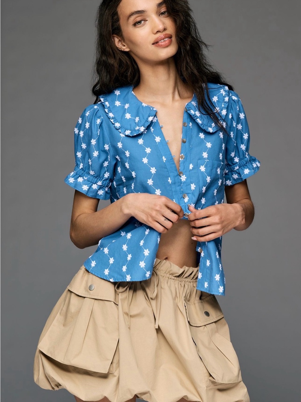 Pilcro Blue Floral Ruffle Collar Button-Up Top